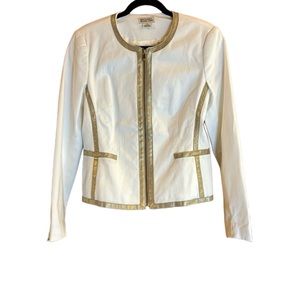 Michael Kors White Jacket with Gold Leather Trim. Zip front & sleeves. Pockets